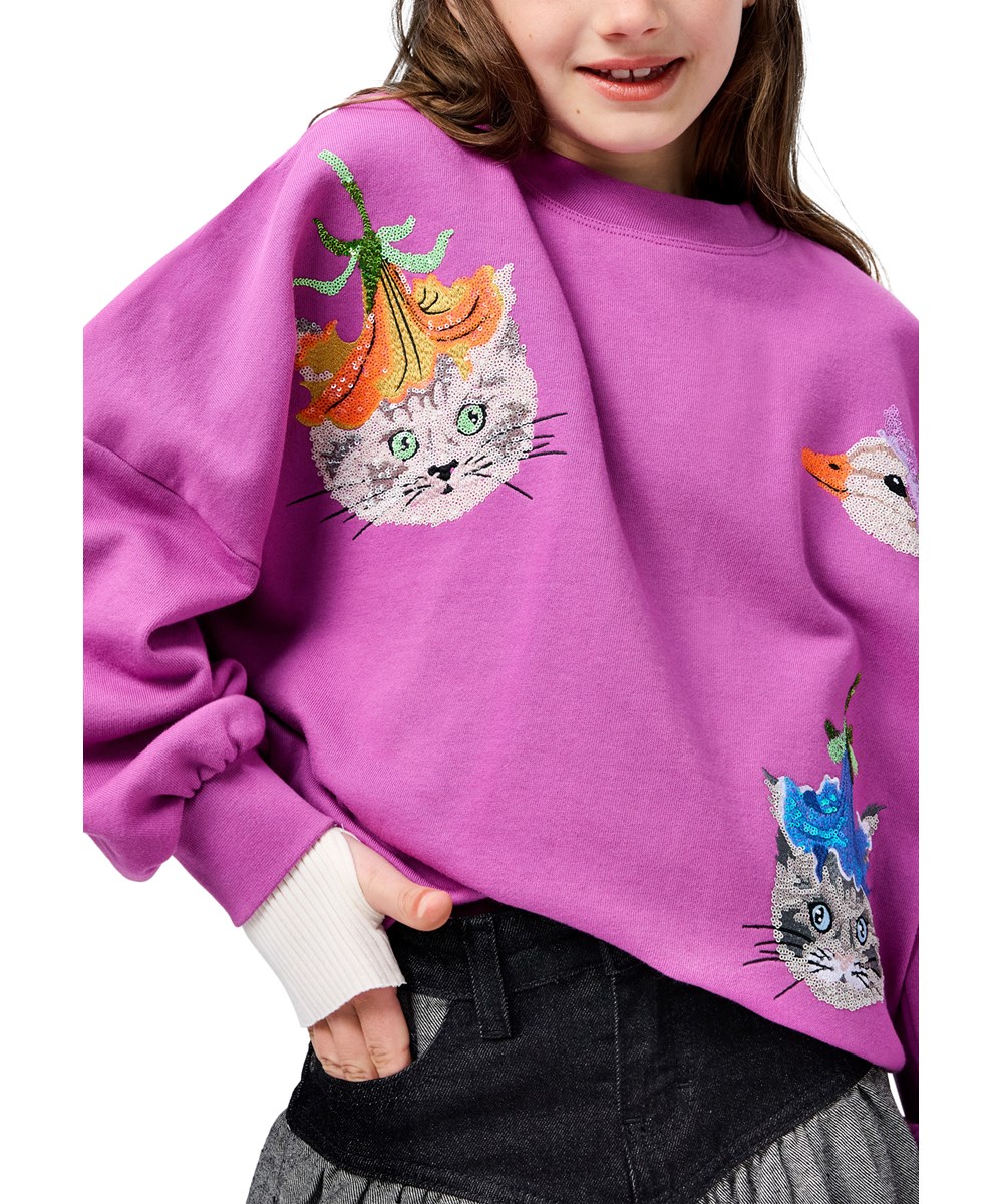 Marika - Animal Sparkle - Lilla sweatshirt med paillietbrodri i økologisk bomuld til børn