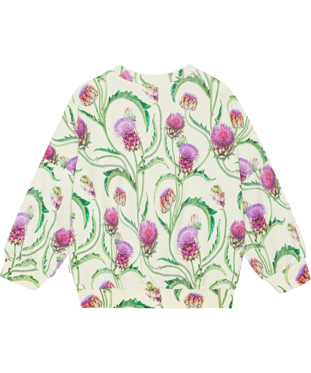 Marika - Artichoke - Gul sweater med alloverprint af lilla og røde artiskokblomster i økologisk bomuld