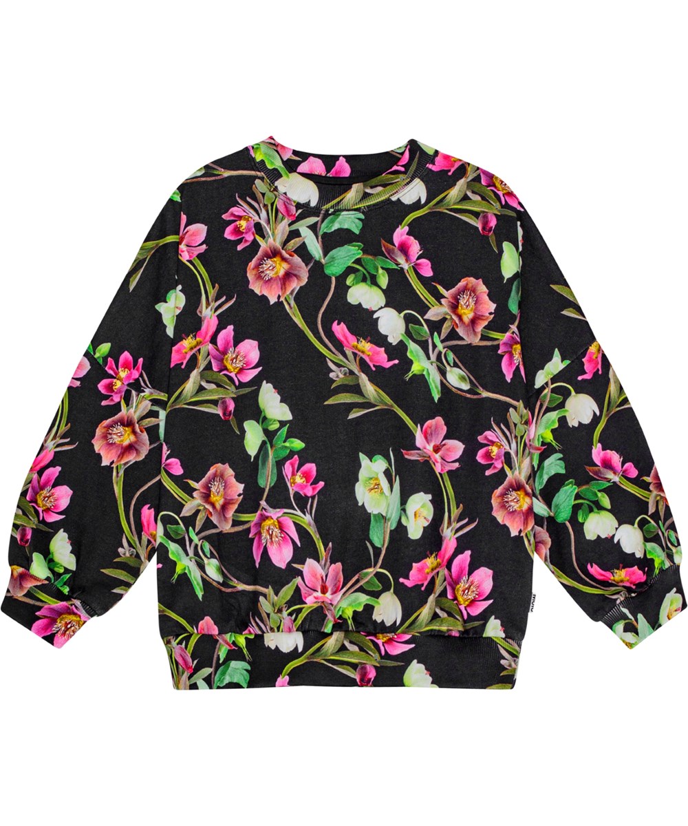 Marika - Hellebore Black - Sort sweatshirt i blødt økologisk bomuld med blomsterprint