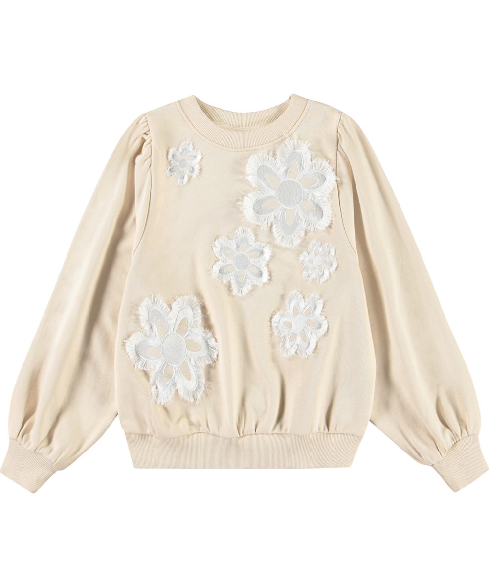 Mary - Brazilian Sand - Beige sweatshirt med blomsterbroderi til børn i blødt økologisk bomuld med ribkanter ved hals, ærmer og i bunden af blusen.