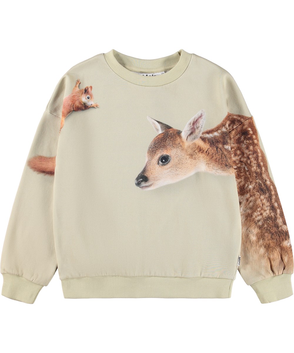 Maxi - Forest Friends - Beige sweatshirt til børn i økologisk bomuld med print af skovens dyr. 