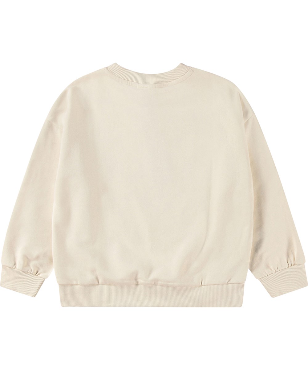 Maxi - Hello - Råhvid sweatshirt i økoligisk bomuld med et print af forskellige dyr der er pyntet og klar til fest