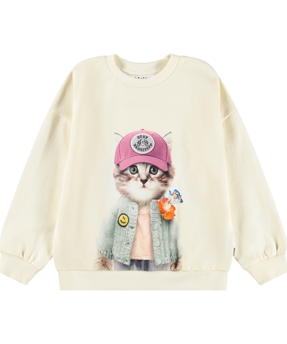 Maxi - Kitty Miauu - Råhvid sweatshirt til børn i økologisk bomuld med print af kat iklædt tøj.