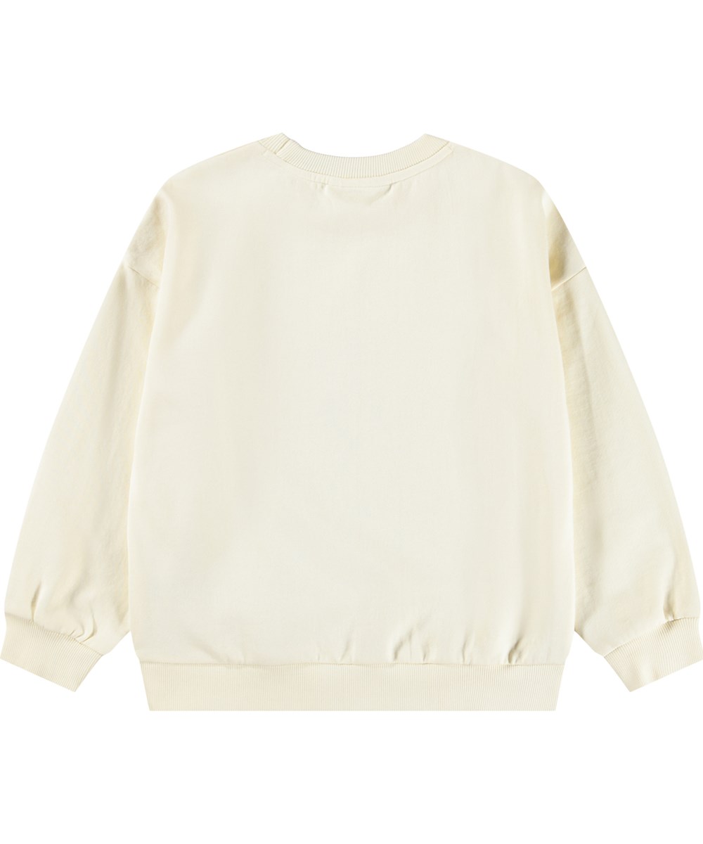 Maxi - Kitty Miauu - Råhvid sweatshirt til børn i økologisk bomuld med print af kat iklædt tøj.