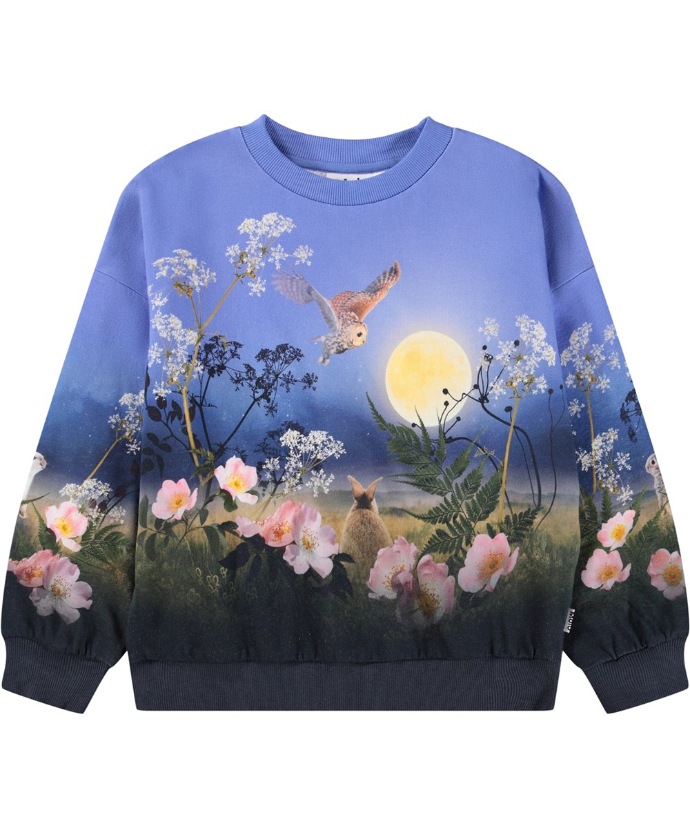 Maxi - Magic Moonrise - Blå sweatshirt til børn i økologisk bomuld med print af dyr i månens skær. 