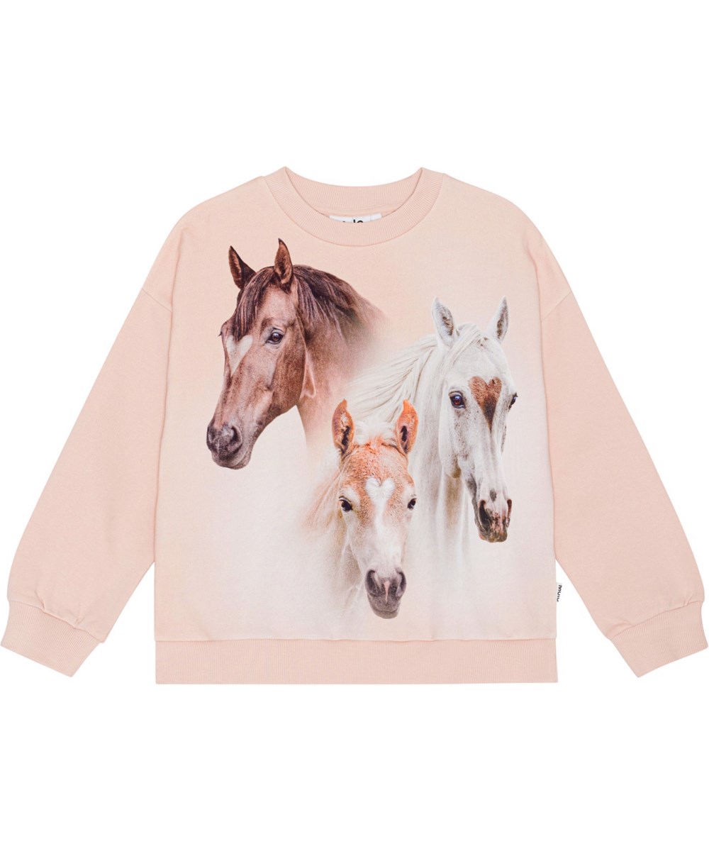 Maxi - Three Friends - Pudderfarvet sweatshirt i økologisk bomuld med heste print.