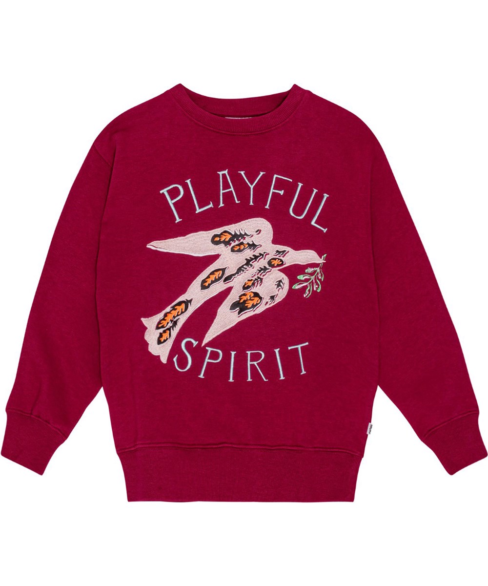 Memphis - Velvety - Bordeaux sweatshirt i økologisk bomuld med et broderi af en kunstnerisk fugl med teksten "Playful spirit"