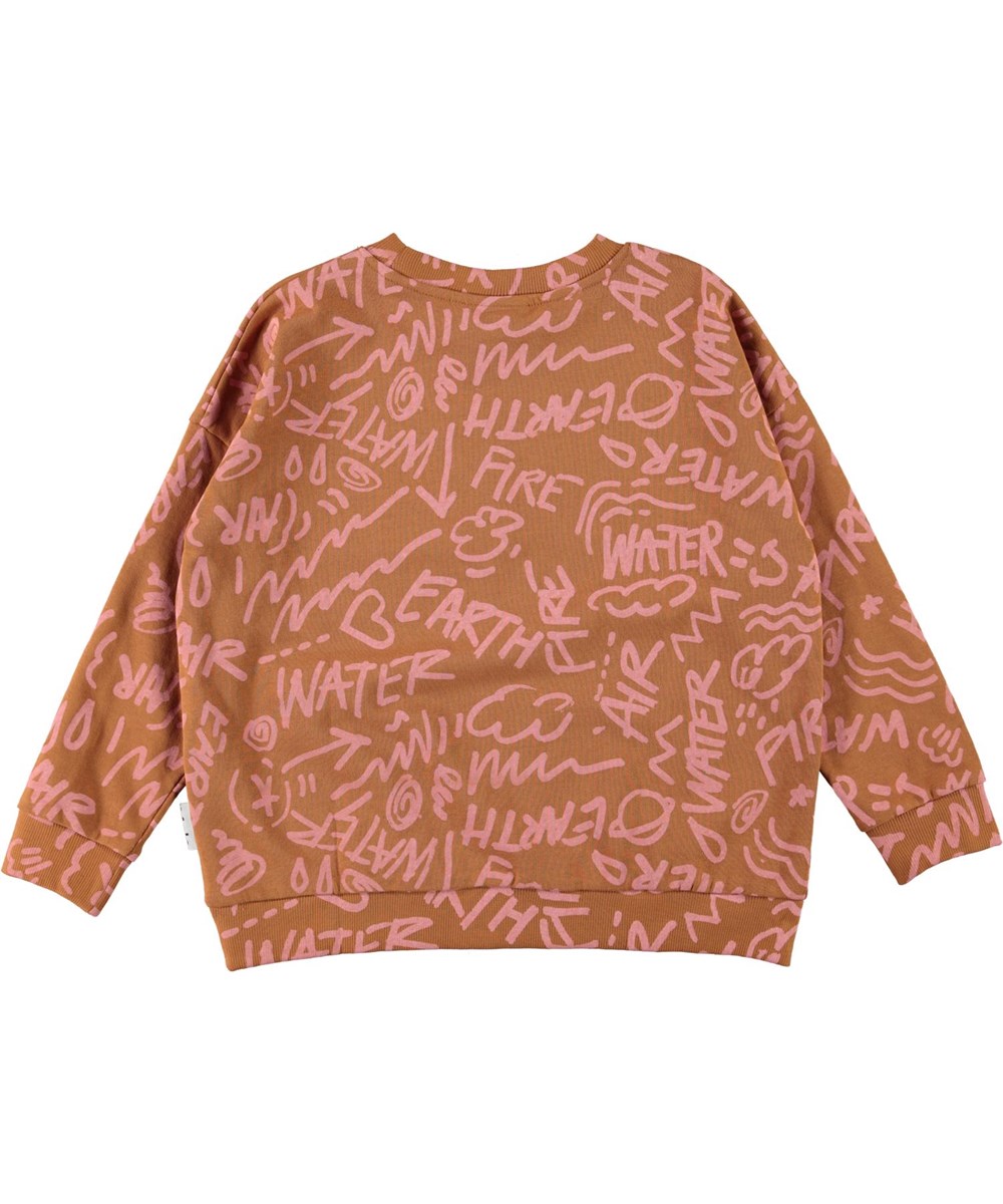 Mika - All Elements - Økologisk brun sweatshirt med lyserøde symboler