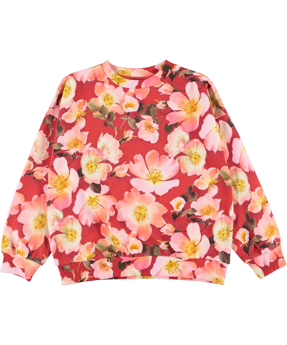 Mika - Rosa - Økologisk rød sweatshirt med lyserøde blomster