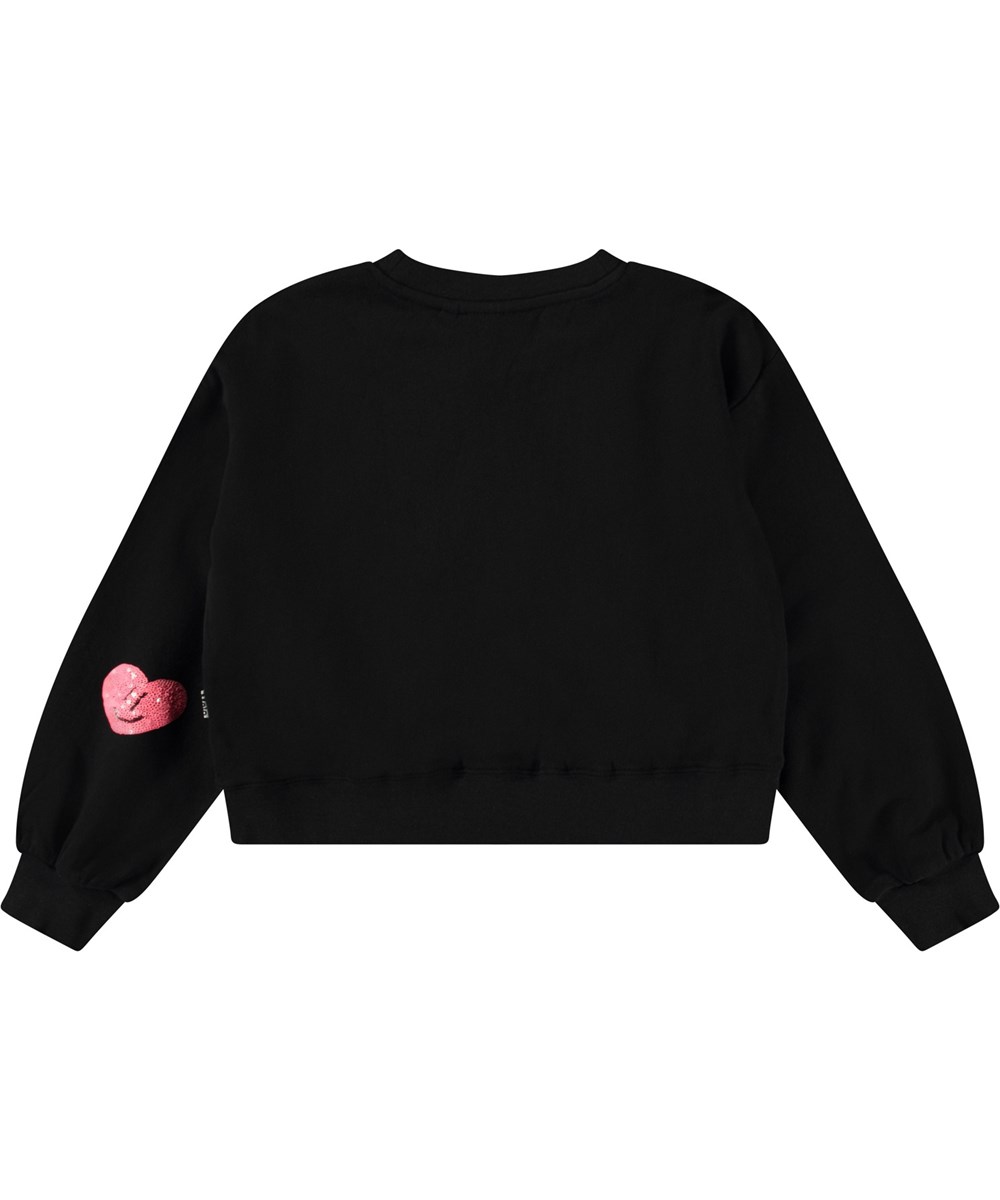 Miki - Festive Hearts - Sort sweatshirt med palietbroderier til børn i blødt økologisk bomuld med ribkanter ved hals, ærmer og i bunden af blusen.