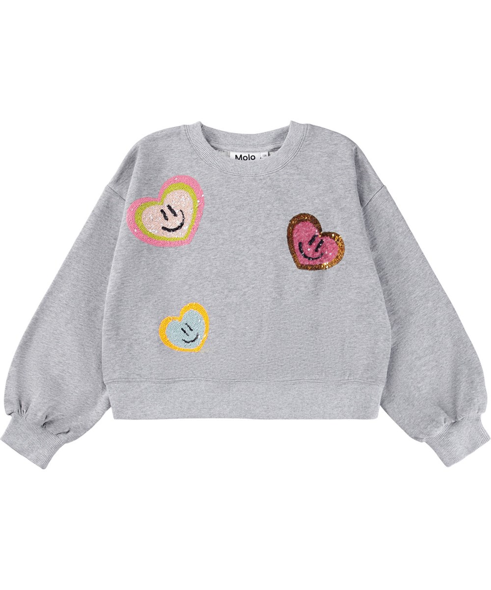 Miki - Grey Melange - Grå sweatshirt til børn i økologisk bomuld med broderi med pailletter.