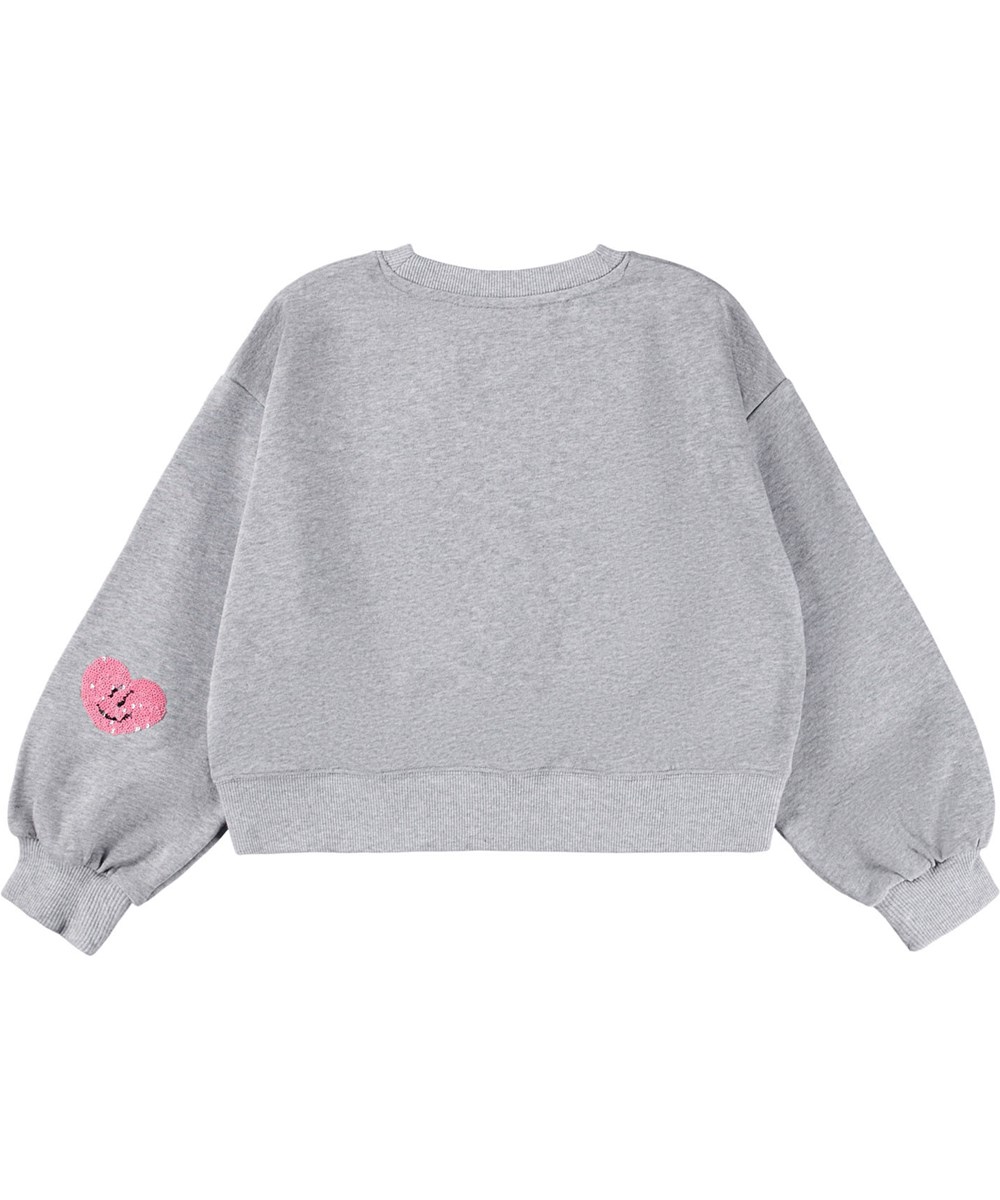 Miki - Grey Melange - Grå sweatshirt til børn i økologisk bomuld med broderi med pailletter.