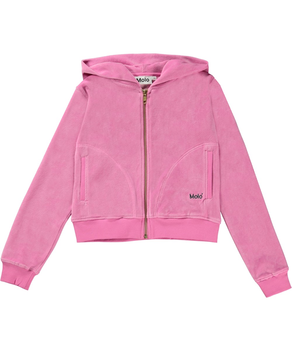 Milla - Sunset Pink - Pink velour hættetrøje med lynlås
