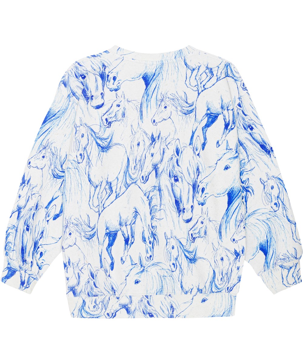 Monti - Blue Horses - Råhvid sweatshirt i økologisk bomuld med heste print