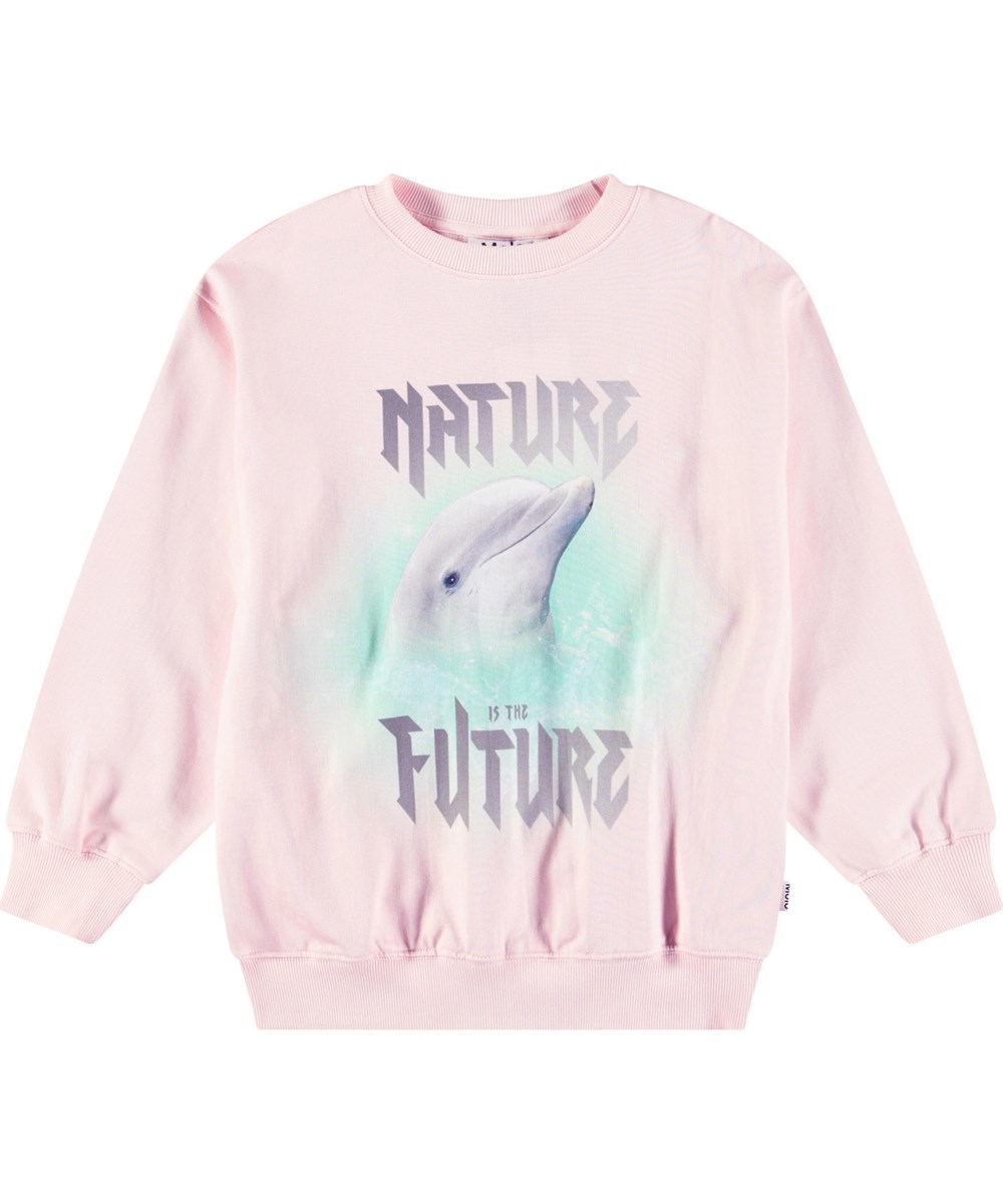 Monti - Glitter Dolphin - Lyserød sweatshirt med print til børn i blødt økologisk bomuld med ribkanter ved hals, ærmer og i bunden af blusen.