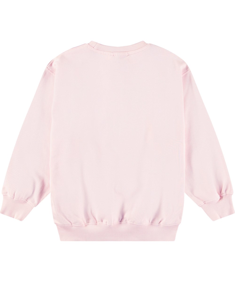 Monti - Glitter Dolphin - Lyserød sweatshirt med print til børn i blødt økologisk bomuld med ribkanter ved hals, ærmer og i bunden af blusen.