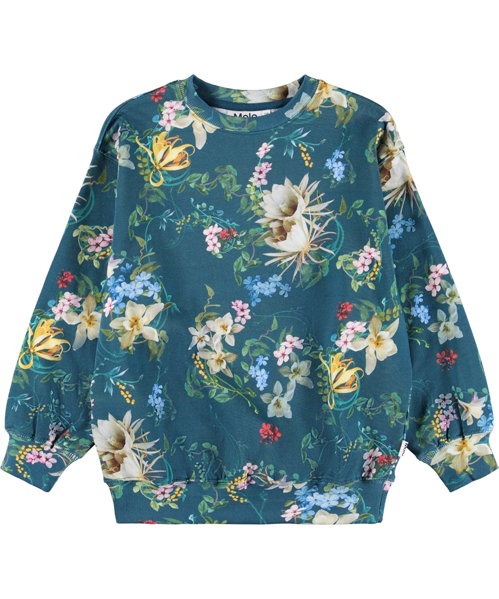 Monti - Green Paisley - Grøn sweatshirt til børn i blødt økologisk bomuld med blomsterprint.