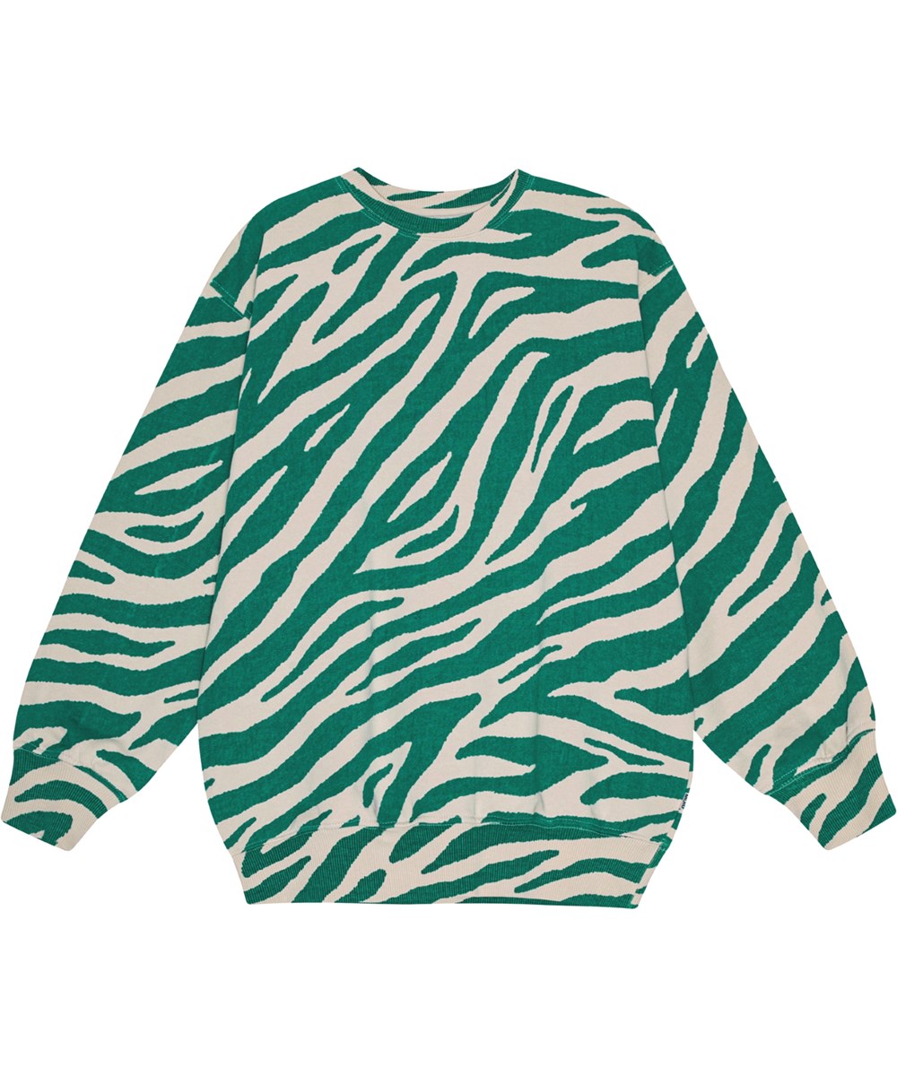 Monti - Zebra Green - Grøn og råhvid oversize zebrastribet sweatshirt i økologisk bomuld