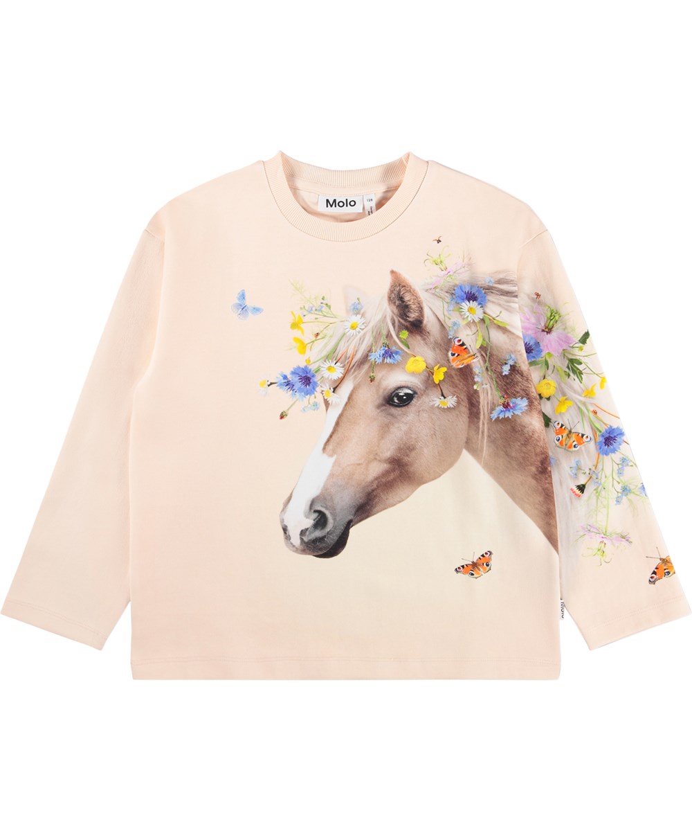Mountoo - Meadow Horse - Lyserød sweatshirt i økologisk bomuld med hesteprint til børn
