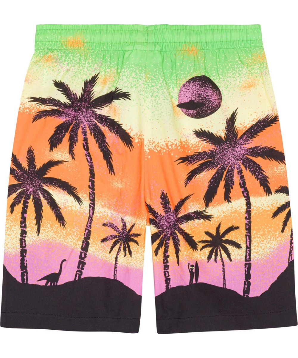 Adi - Alien Island - Gröna, orange och lila ekologiska shorts med Hawaii och Alien mönster. 