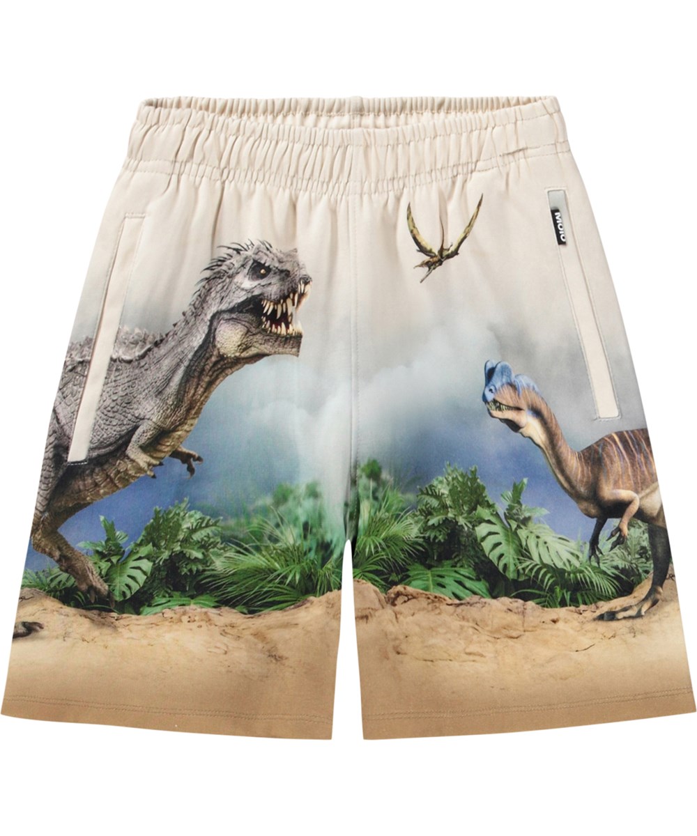 Amil - Hot Spring Dinos - Beige och blå shorts för barn i ekologisk bomullsjersey med dinosauriemönster