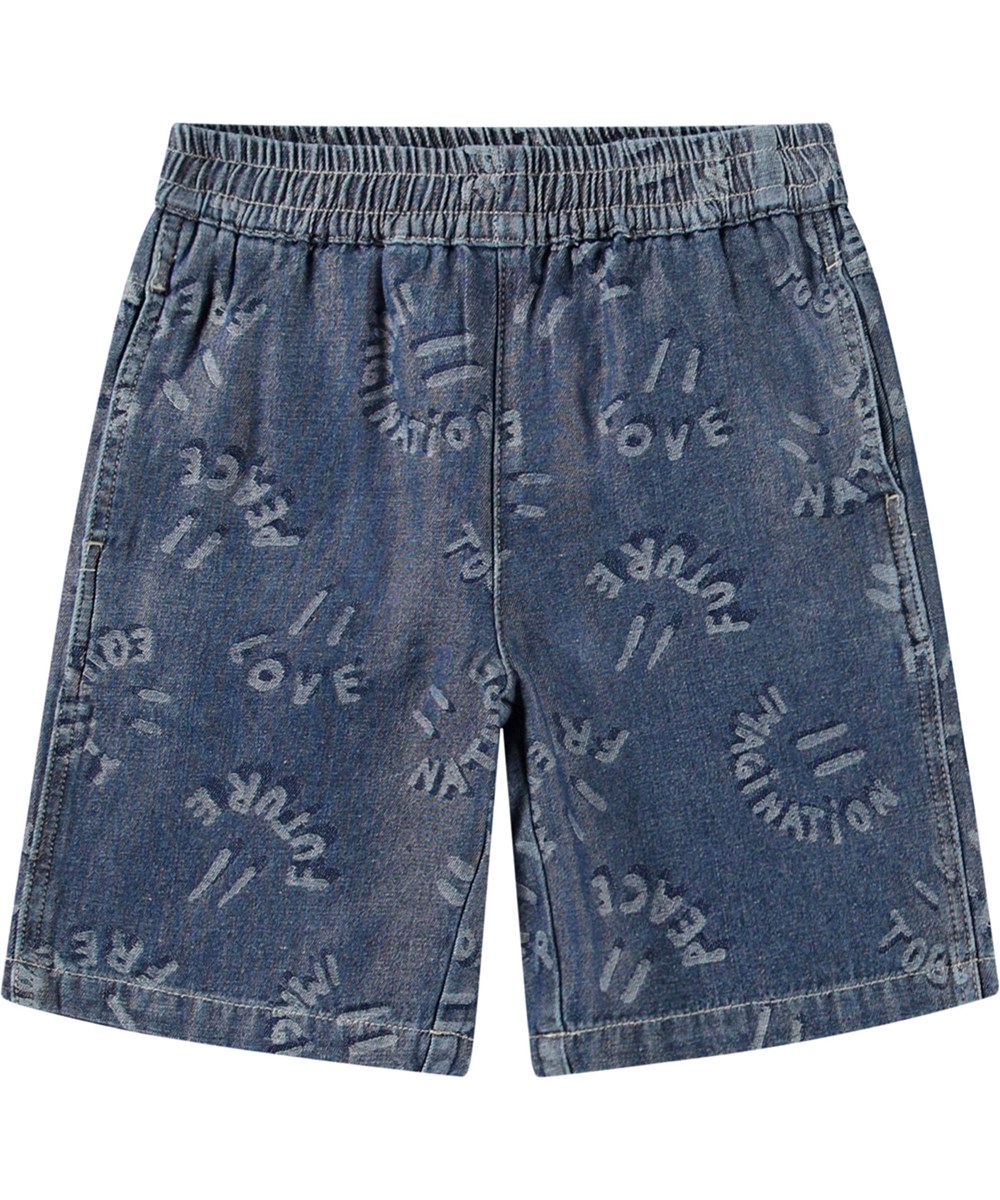 Arrow - Word Smiles - Blå jeansshorts i ekologisk bomull med jacquardvävt mönster för barn.