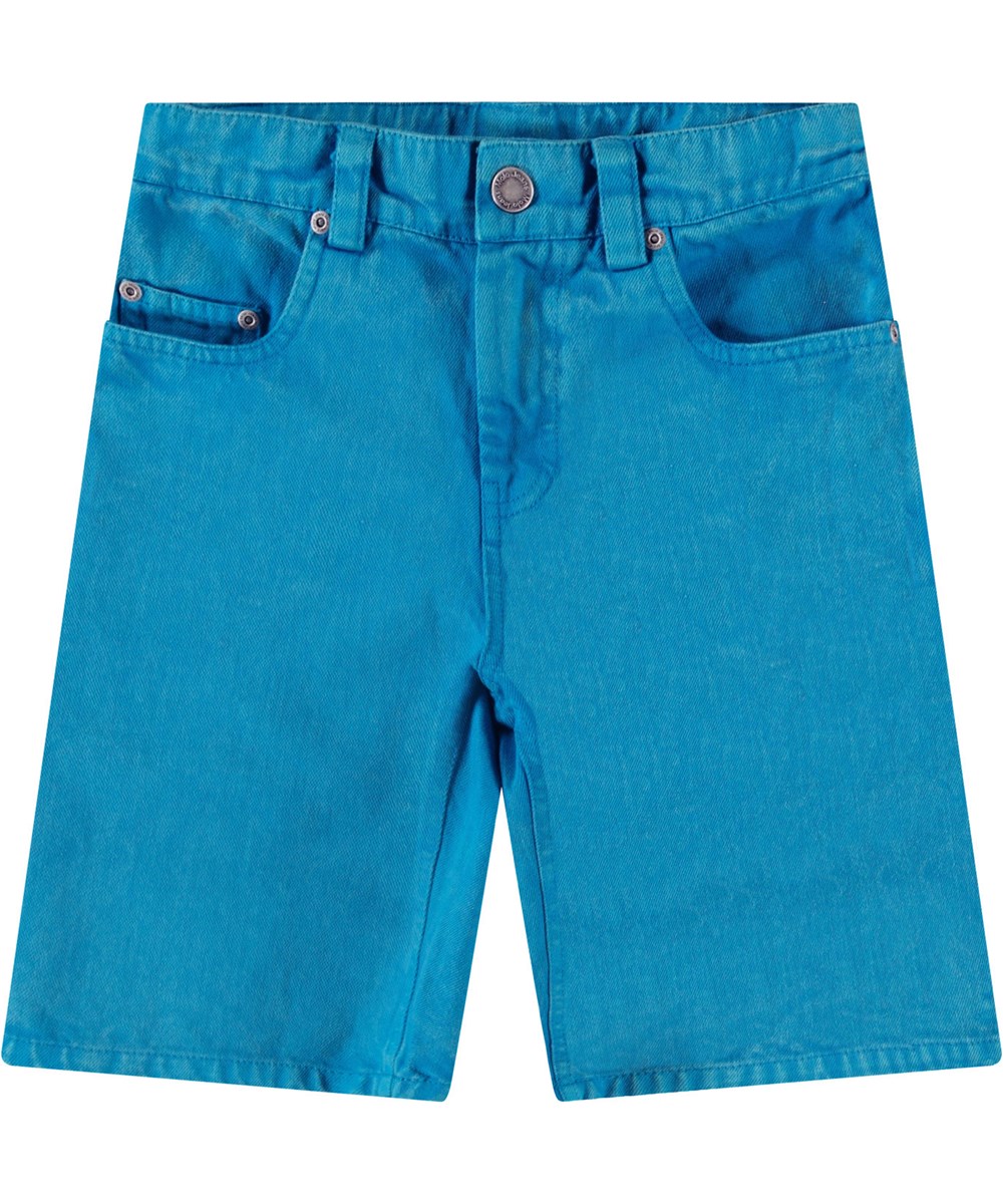Art - Peacock Blue - Blå knälånga jeansshorts i ekologisk bomull för barn.