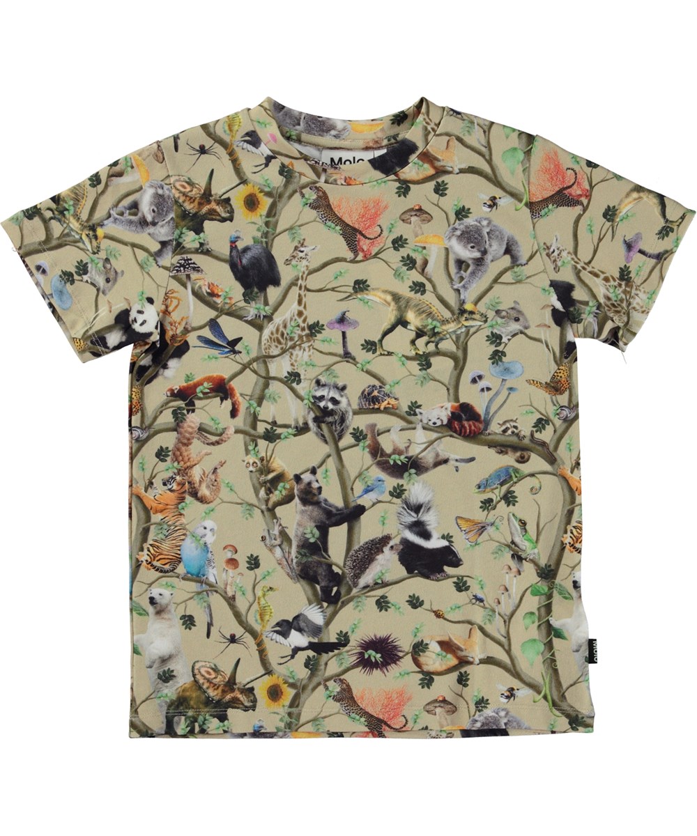 Ralphie - Living Together - Beige ekologisk t-shirt med allover djurmönster.