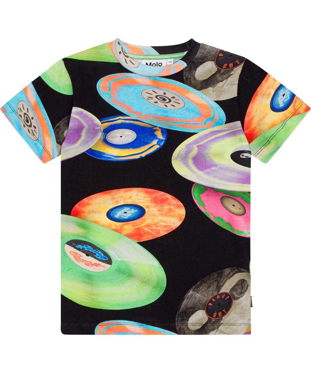 Ralphie - Records Dark - Multifärgad ekologisk t-shirt med vinylplattor.