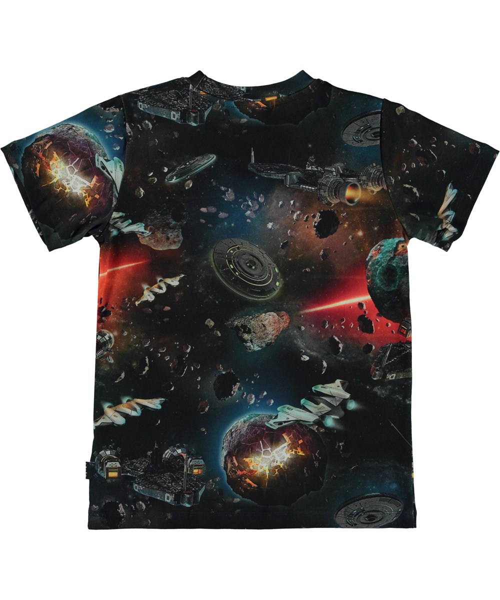 Ralphie - Space Fantasy - Mörk ekologisk t-shirt med rymdmönster.