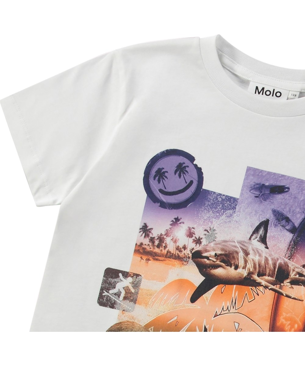 Rame - Collage Surf - Vit T-shirt för barn i ekologisk bomull med korta ärmar och ribbad halsringning.