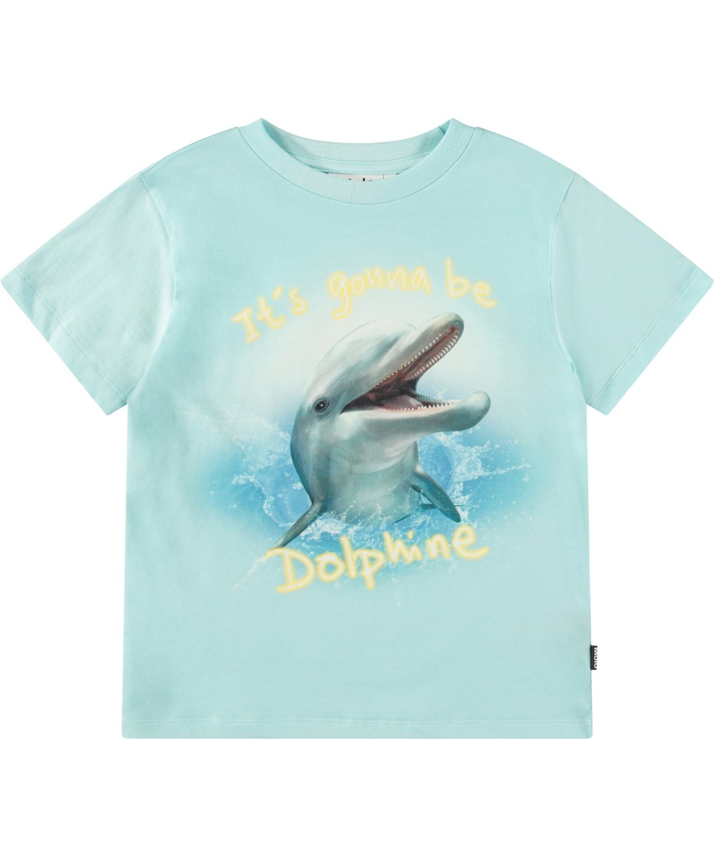Rame - Dolphine - Ljusblå t-shirt med tryck för barn i mjuk ekologisk bomull med ribbad halsringning.