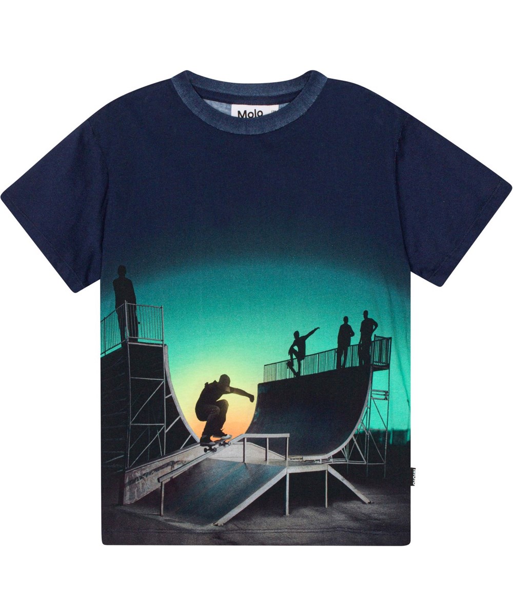 Rame - Halfpipe Universe - Blå ekologisk t-shirtmed skateramp.