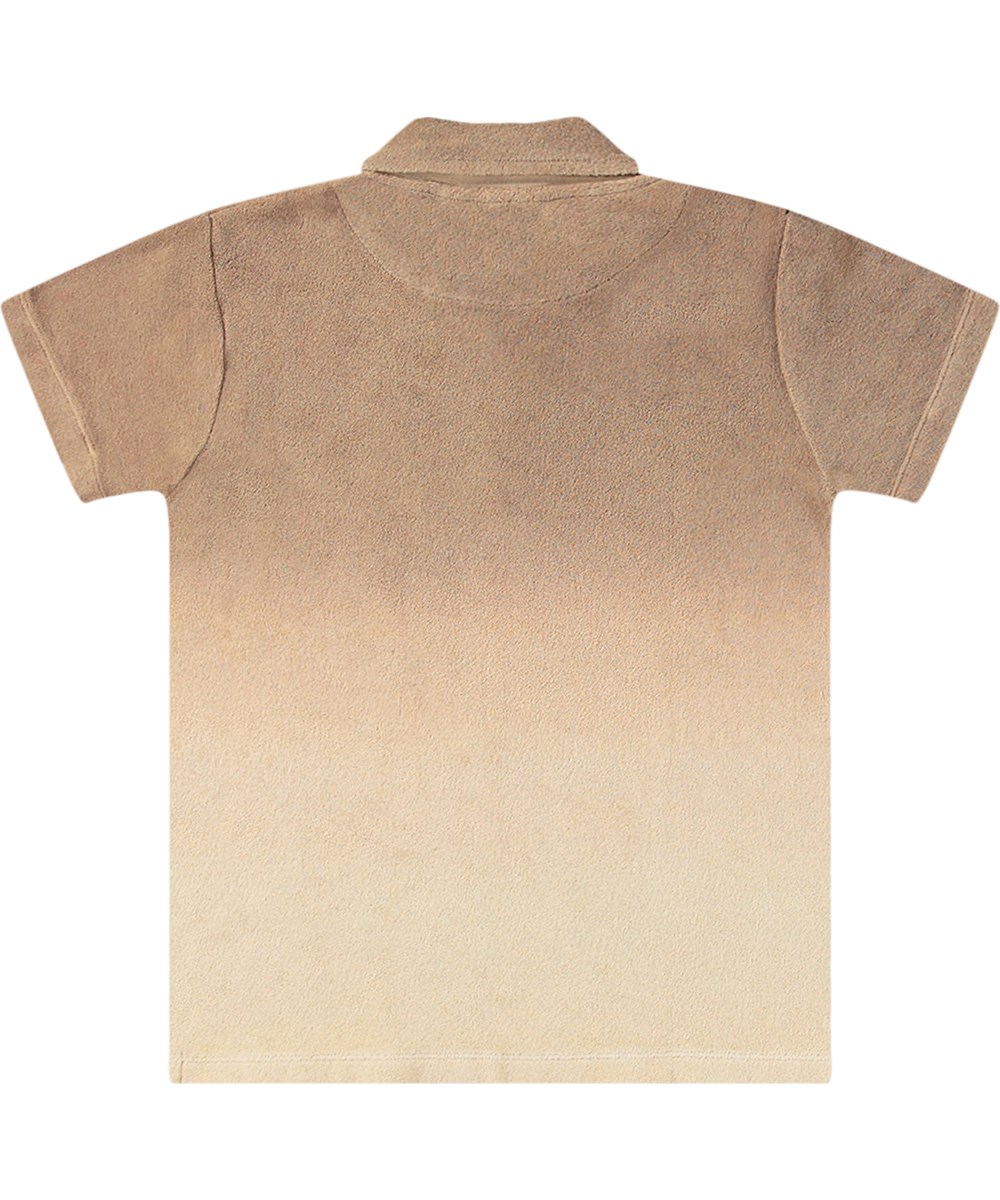Randel - Sandalwood - Brun och beige T-shirt för barn i ekologisk bomullsfrotté med korta ärmar och krage.