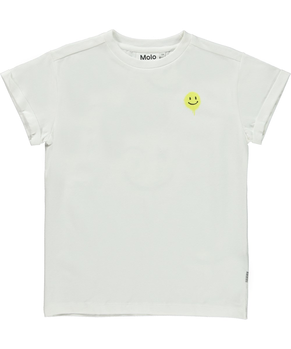 Randon - Happy Sunshine - Ekologisk vit t-shirt med en gul smiley.