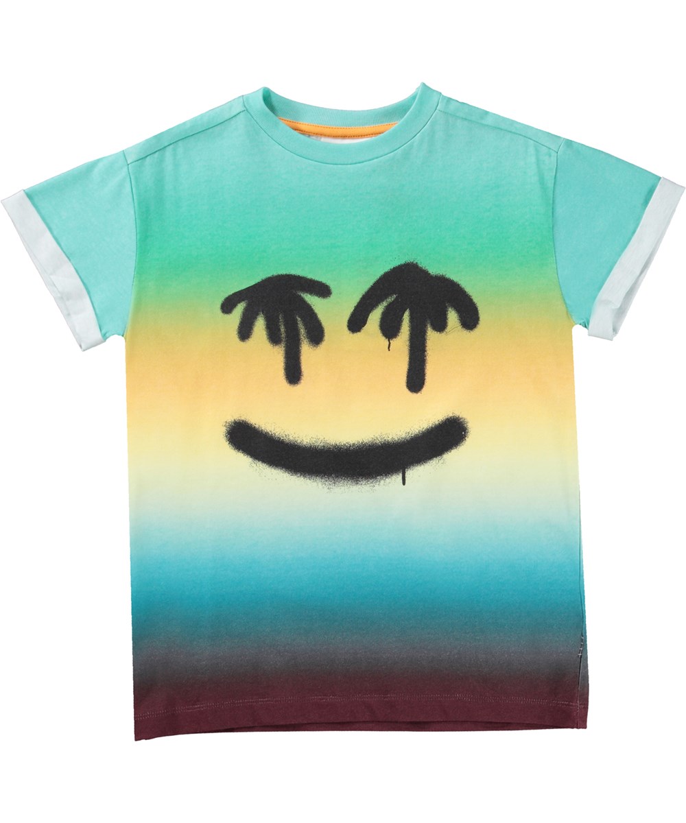 Randon - Palm Spray Face - Blå och gul t-shirt i ekologisk bomull med emojis.