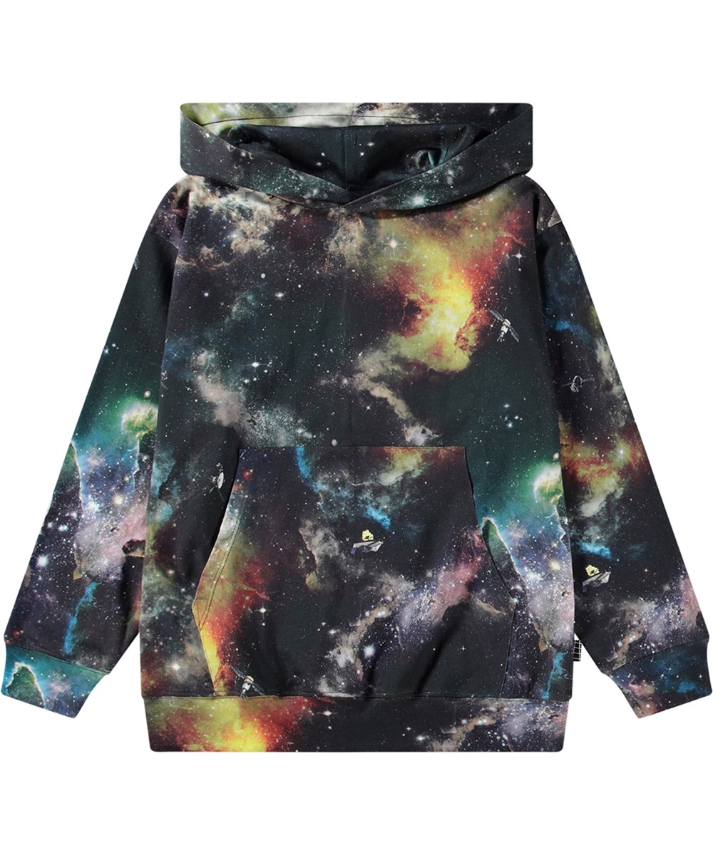 Ratata - Out There - Multifärgad hoodie i ekologisk bomull med långa ärmar och huva.