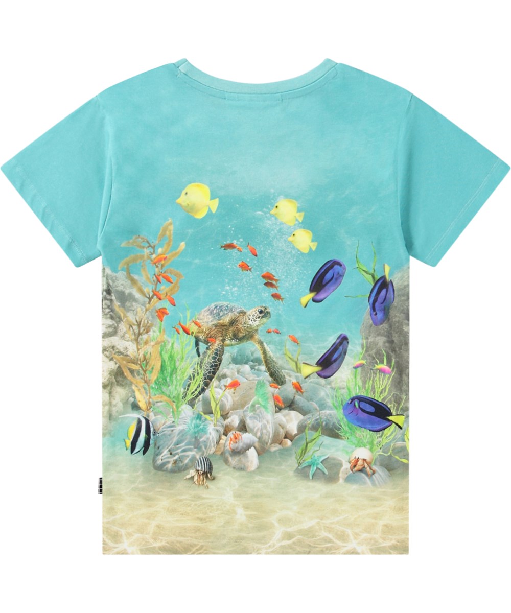 Raul - Happy Ocean - Turkos T-shirt för barn i ekologisk bomull med korta ärmar och ribbad halsringning.