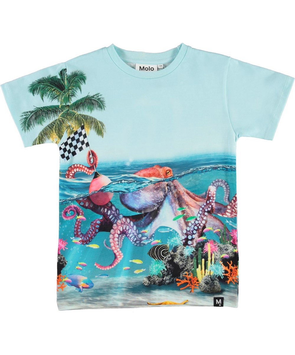 Raul - Happy Octopus - Ekologisk blå t-shirt med bläckfisk.