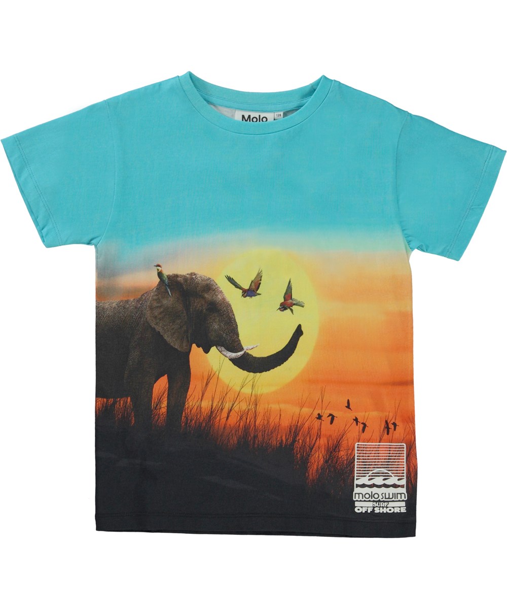 Raul - Happy Sun - Blå t-shirt med en sol och en elefant.