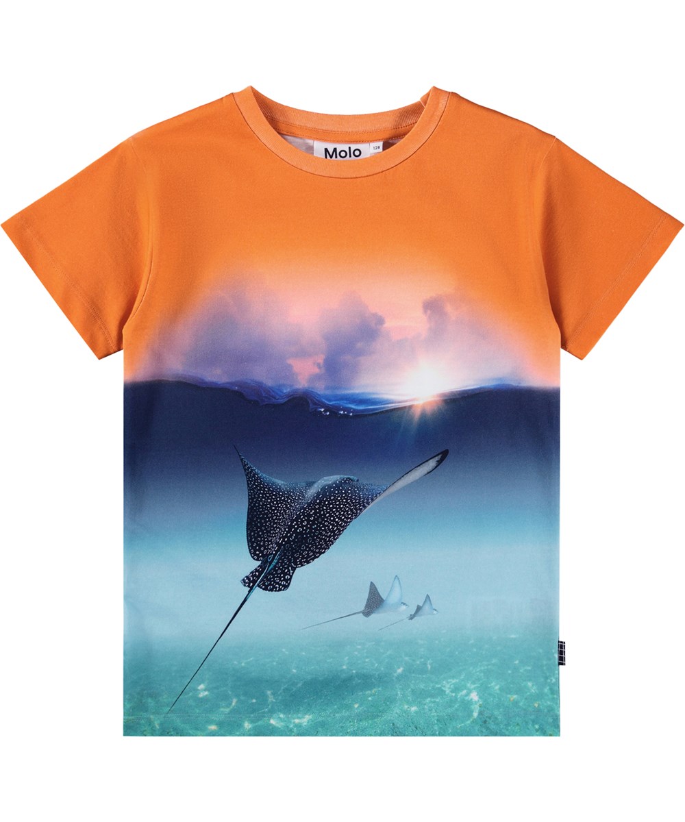 Raul - Into The Sunset - Orange t-shirt för barn i ekologisk bomull med mönster.