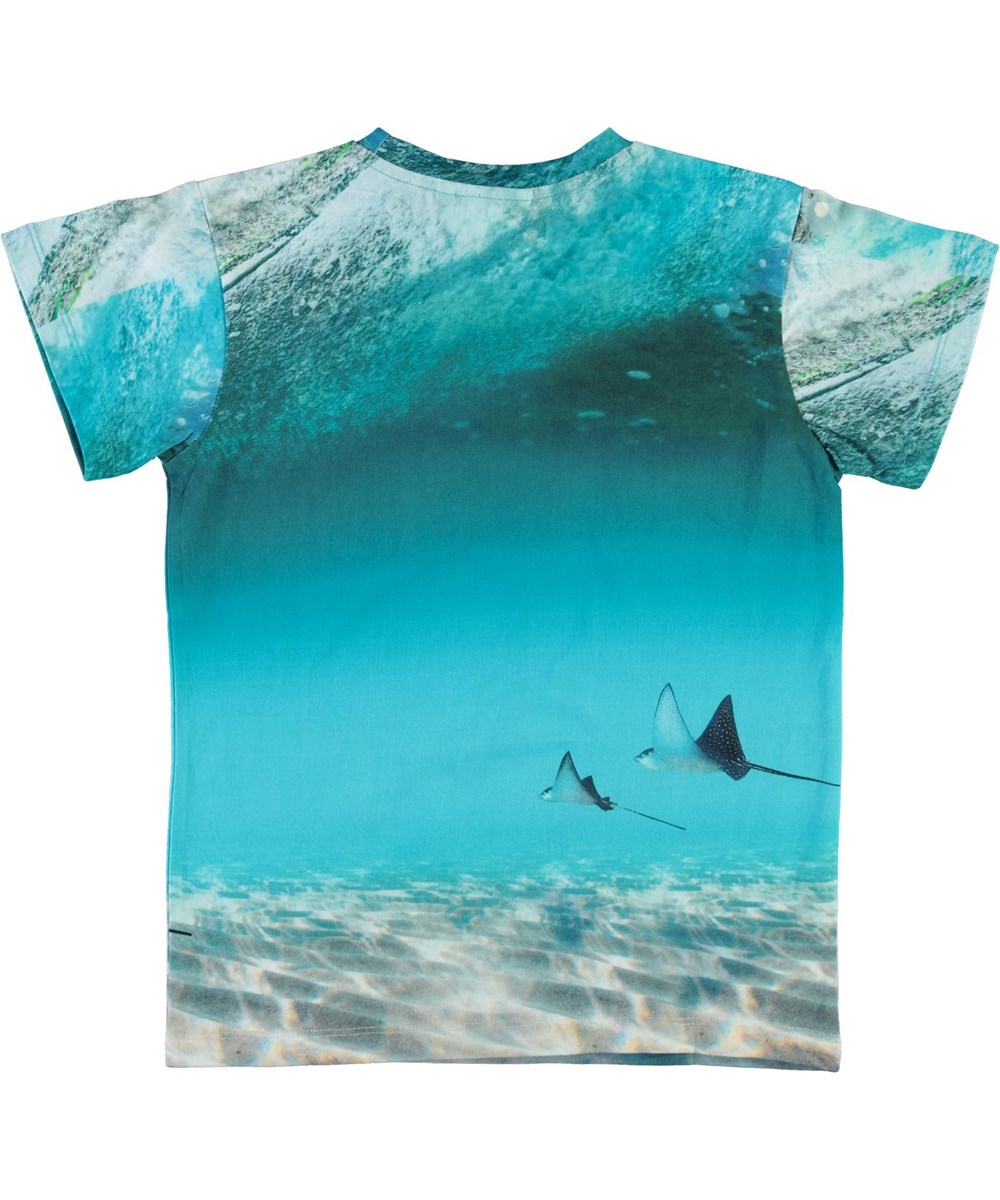 Raul - Sting Ray - Ekologisk blå t-shirt med hav och rockor