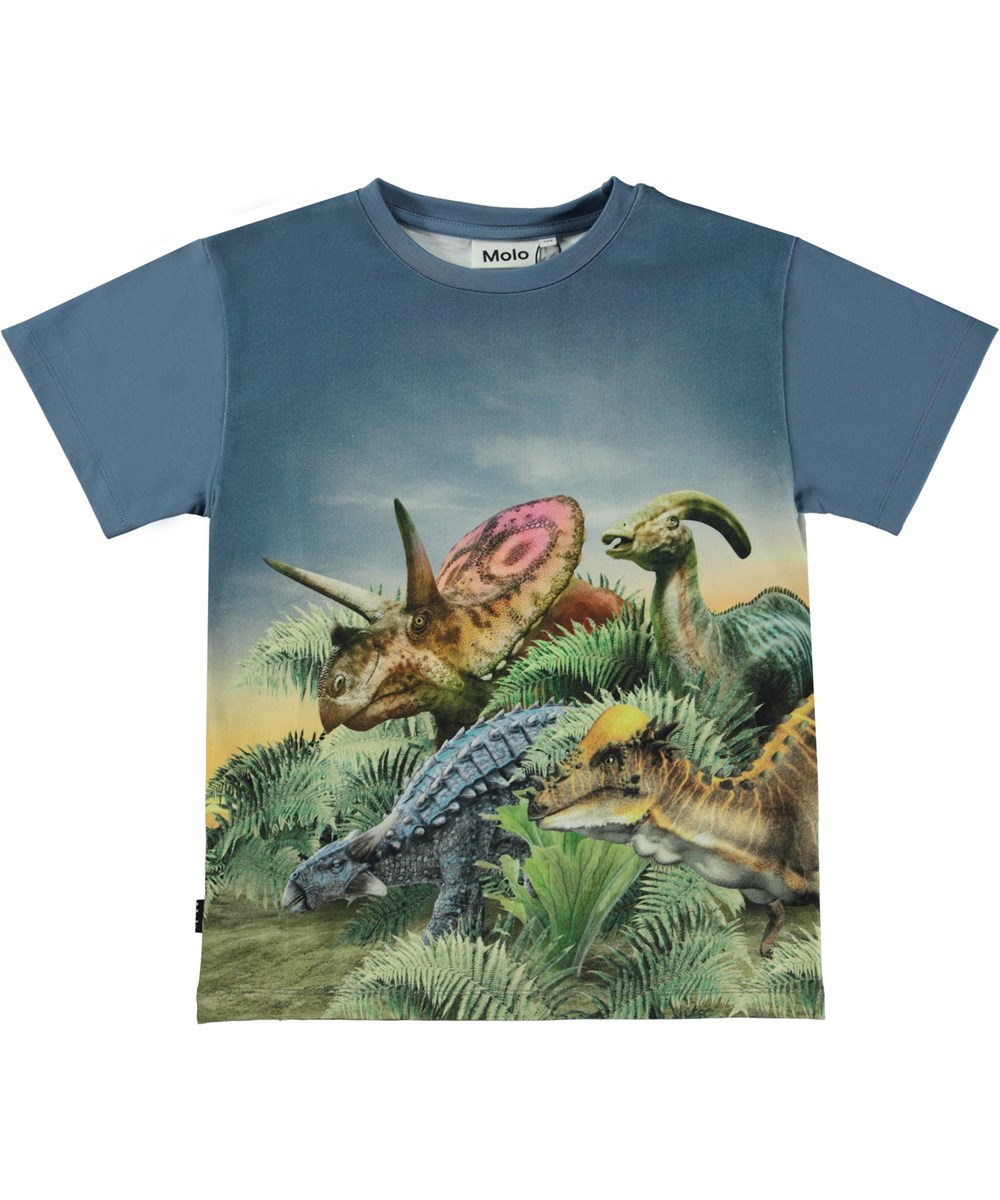 Raveno - Dino Friends - Blå ekologisk t-shirt med placerat dinosaureimönster.