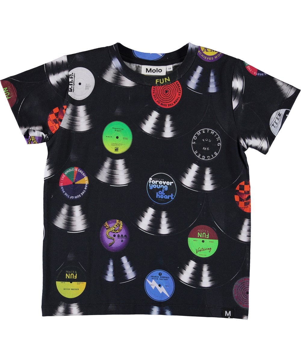 Raymont - Records - Svart t-shirt med tryck av musikskivor