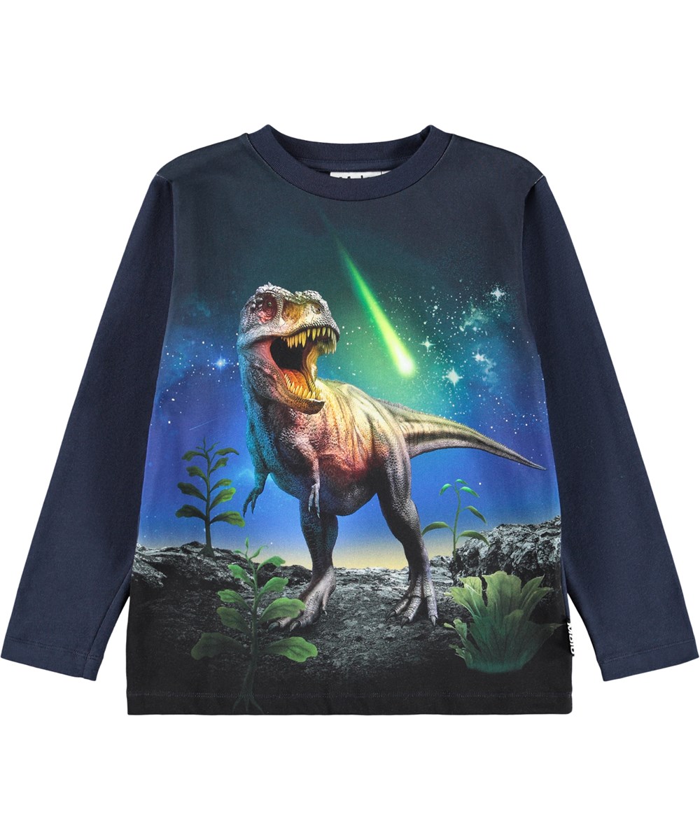 Reif - Meteor Dino - Mörkblå långärmad tröja för barn i mjuk ekologisk bomull med långa ärmar och en ribbad halsringning. T-shirten har en lös passform med en tynarusaurus under en himmel full av stjärnor.