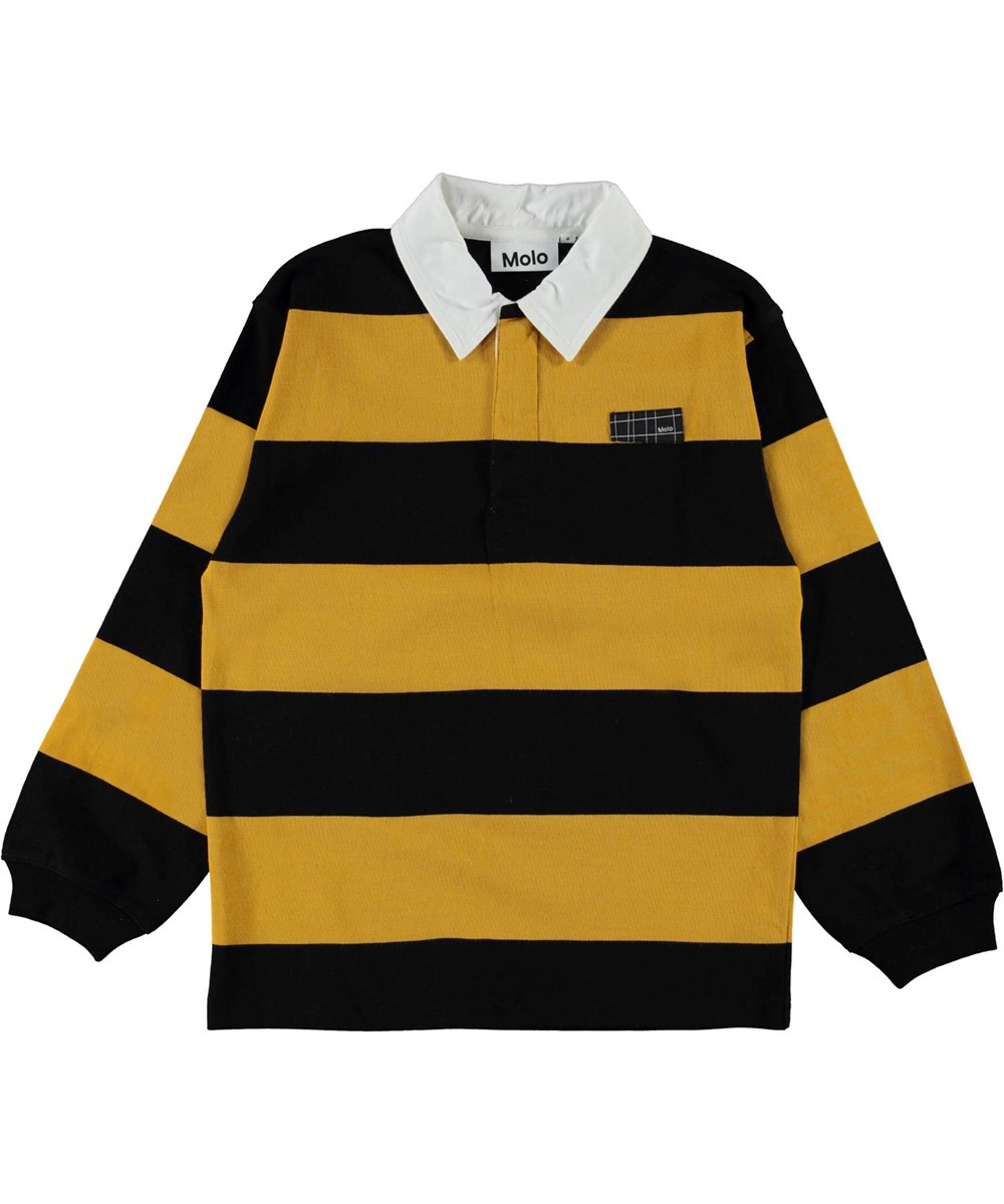 Relz - Wide Stripe - Ekologisk gul och svart randig polotröja med vit krage