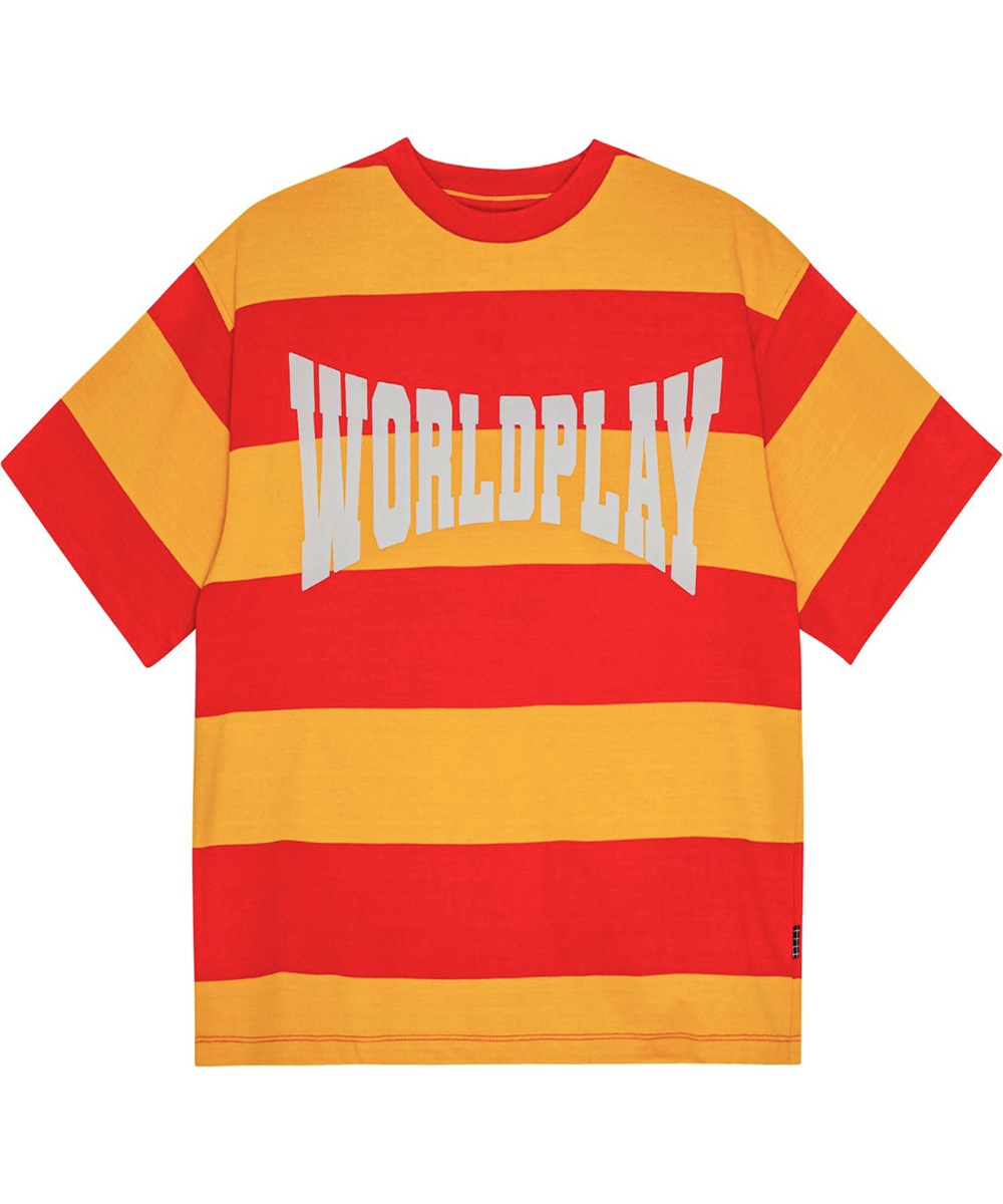 Renley - Brilliance Rush - Oversized röd och gulrandig T-shirt med trycket "World Play".