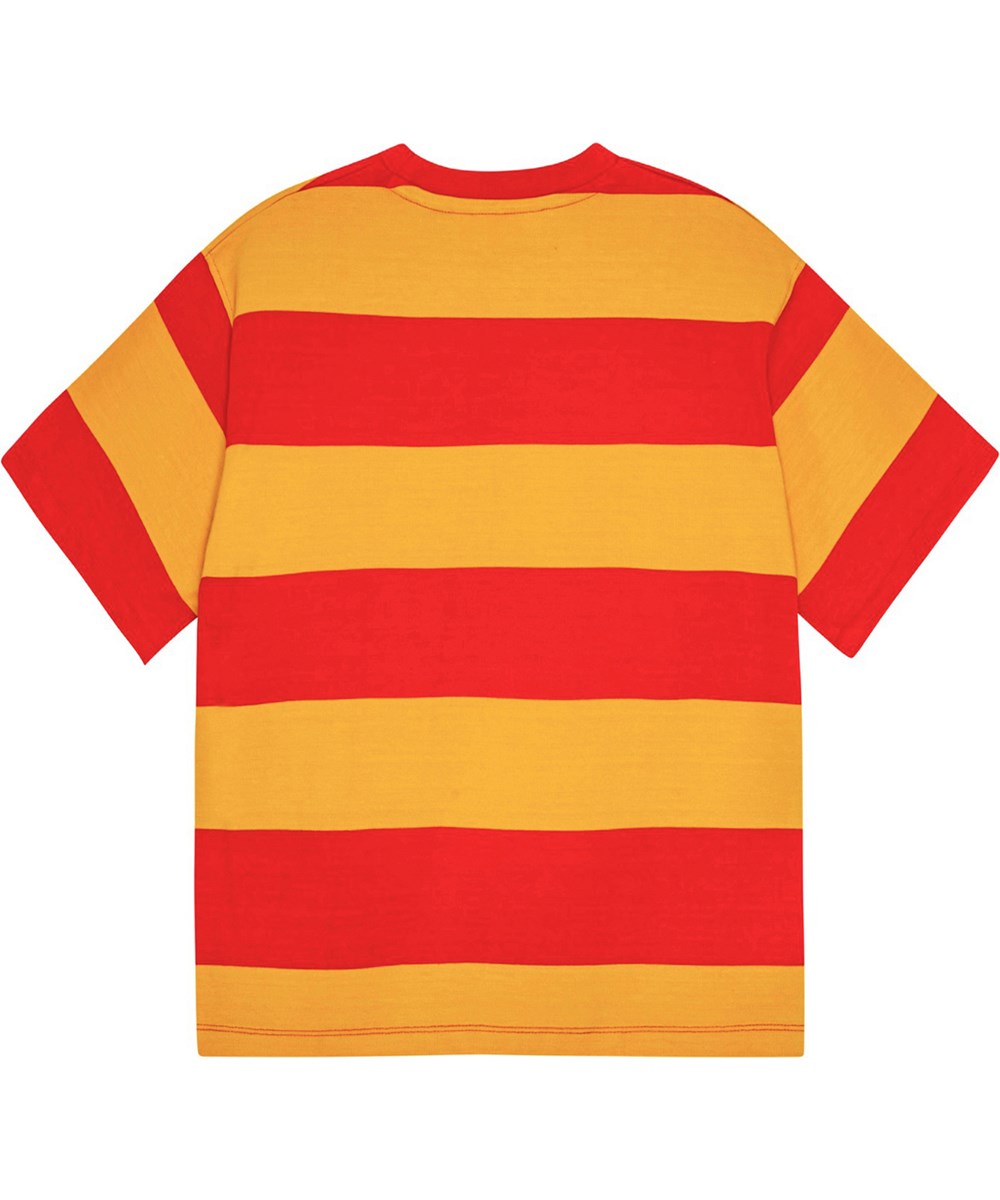 Renley - Brilliance Rush - Oversized röd och gulrandig T-shirt med trycket "World Play".