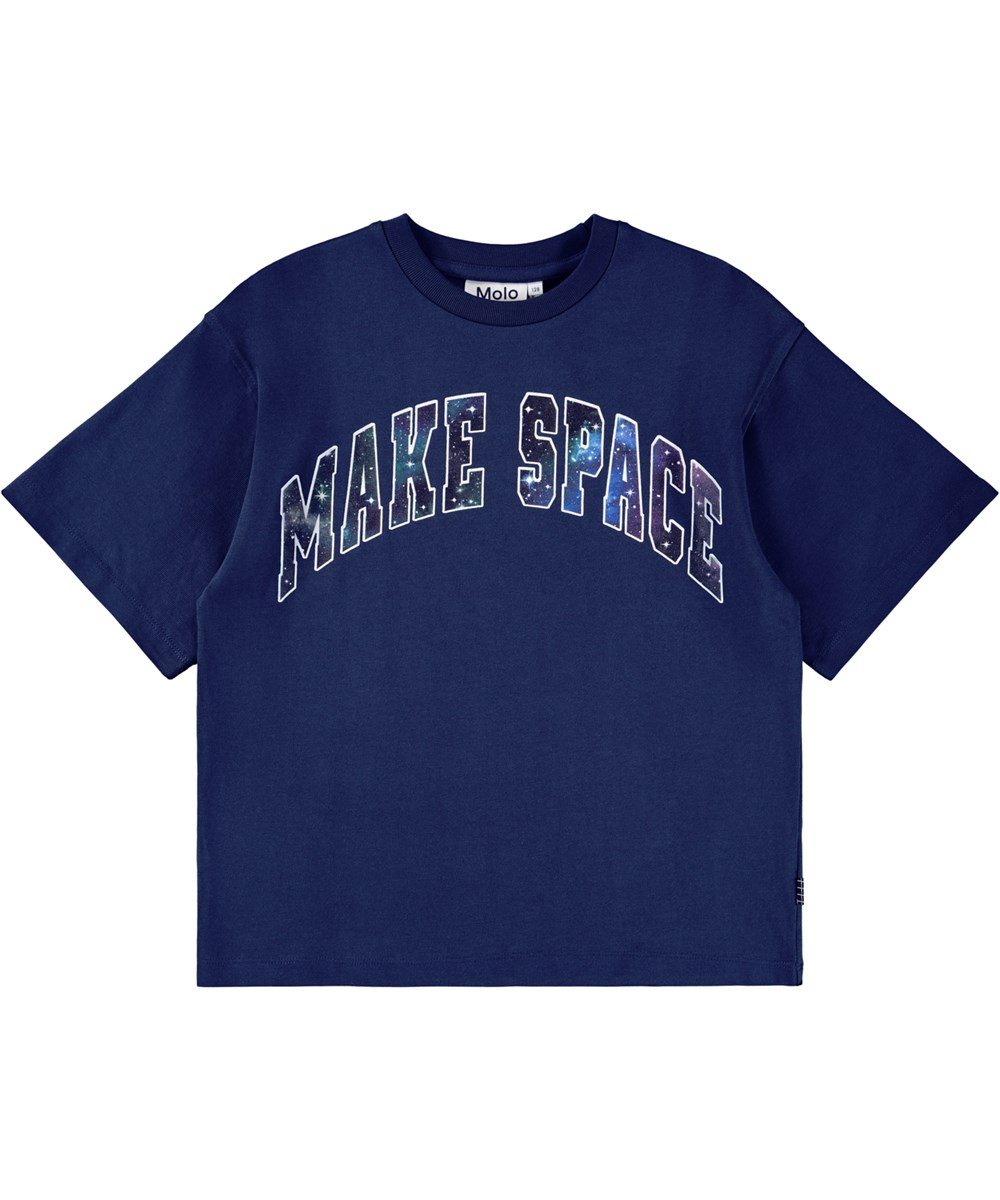 Renley - Galaxy Blue - Mörkblå T-shirt för barn i ekologisk bomull med korta ärmar och en rund ribbad halsringning.