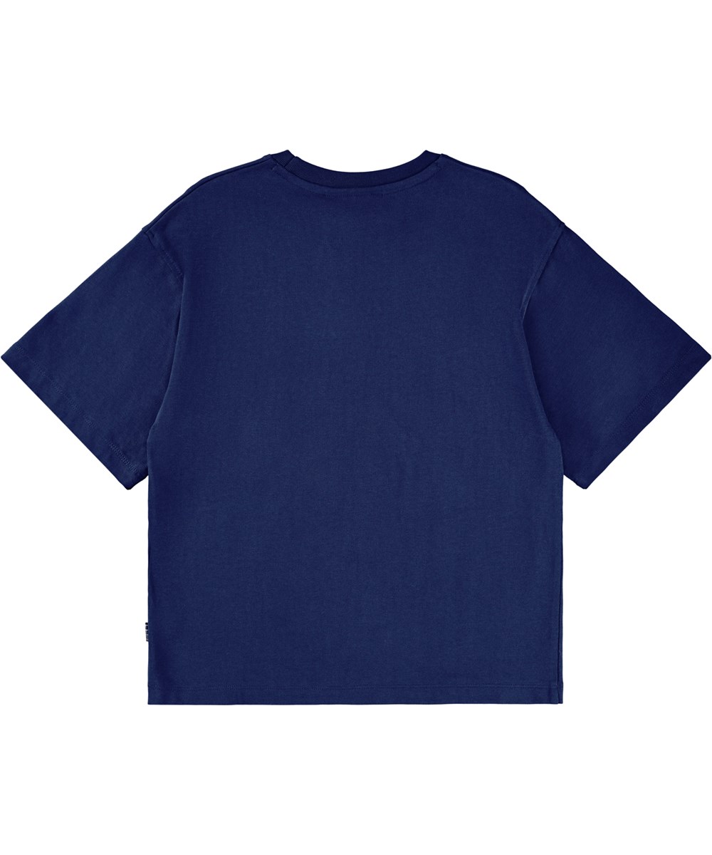 Renley - Galaxy Blue - Mörkblå T-shirt för barn i ekologisk bomull med korta ärmar och en rund ribbad halsringning.